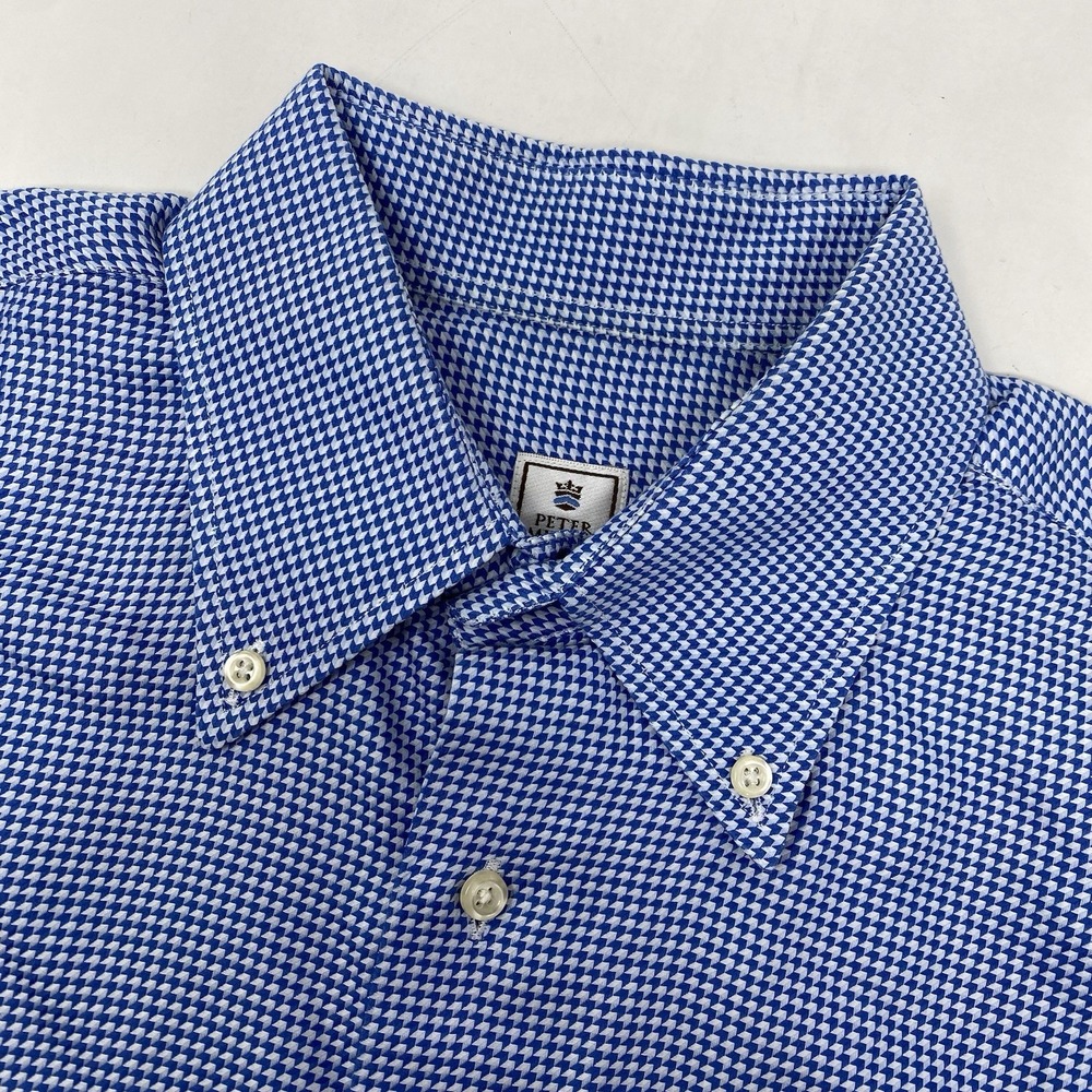 Peter Millar Button Down Mens M Blue Houndstooth Short Sleeve Copperheads Patch